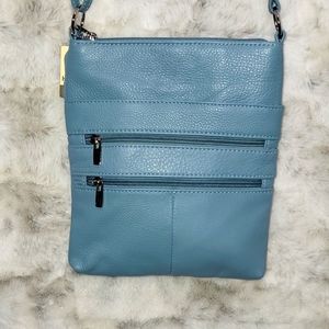 NEW, Teal blue leather cowhide crossbody. Lots of room.
